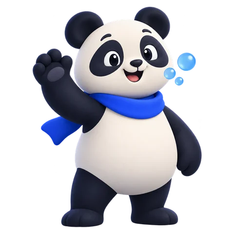 Burpy, the BlueBurp panda, waving hello