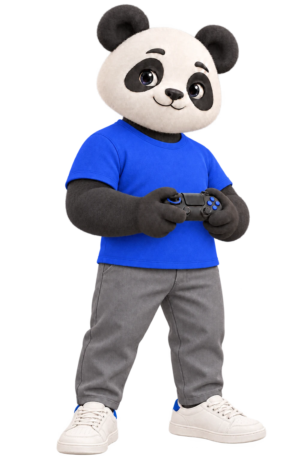 BlueBurp’s panda in a blue T-shirt, grey trousers and white sneakers, holding a game controller