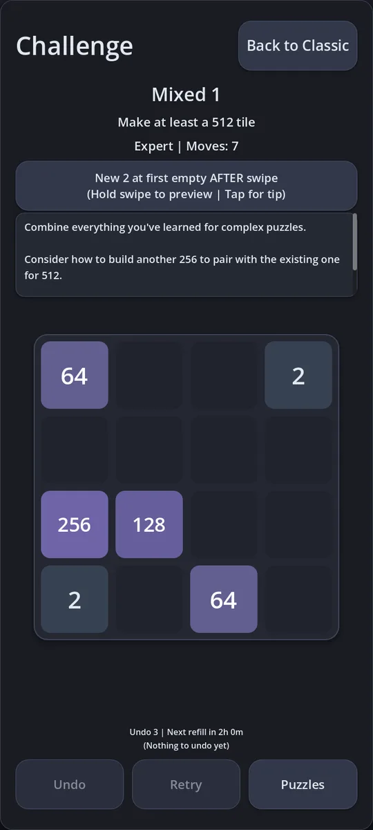 Challenge 41, Mixed 1: make a 512 tile in 7 moves, dark theme