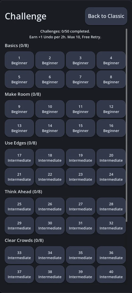 Challenge level picker in dark theme showing Mixed expert puzzles