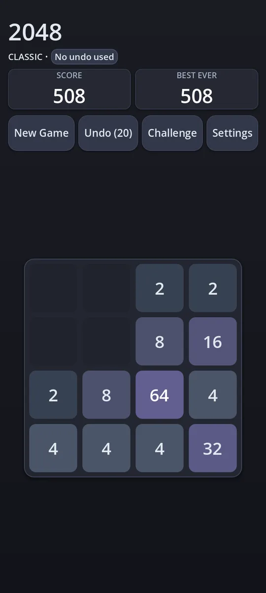 2048 Tilewick classic mode in the Midnight dark theme