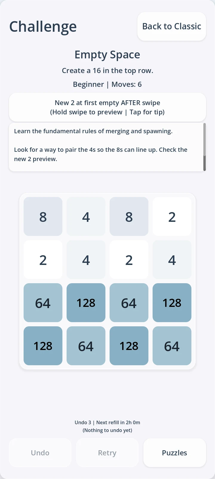 Empty Space challenge with a goal to create a 16 tile in the top row