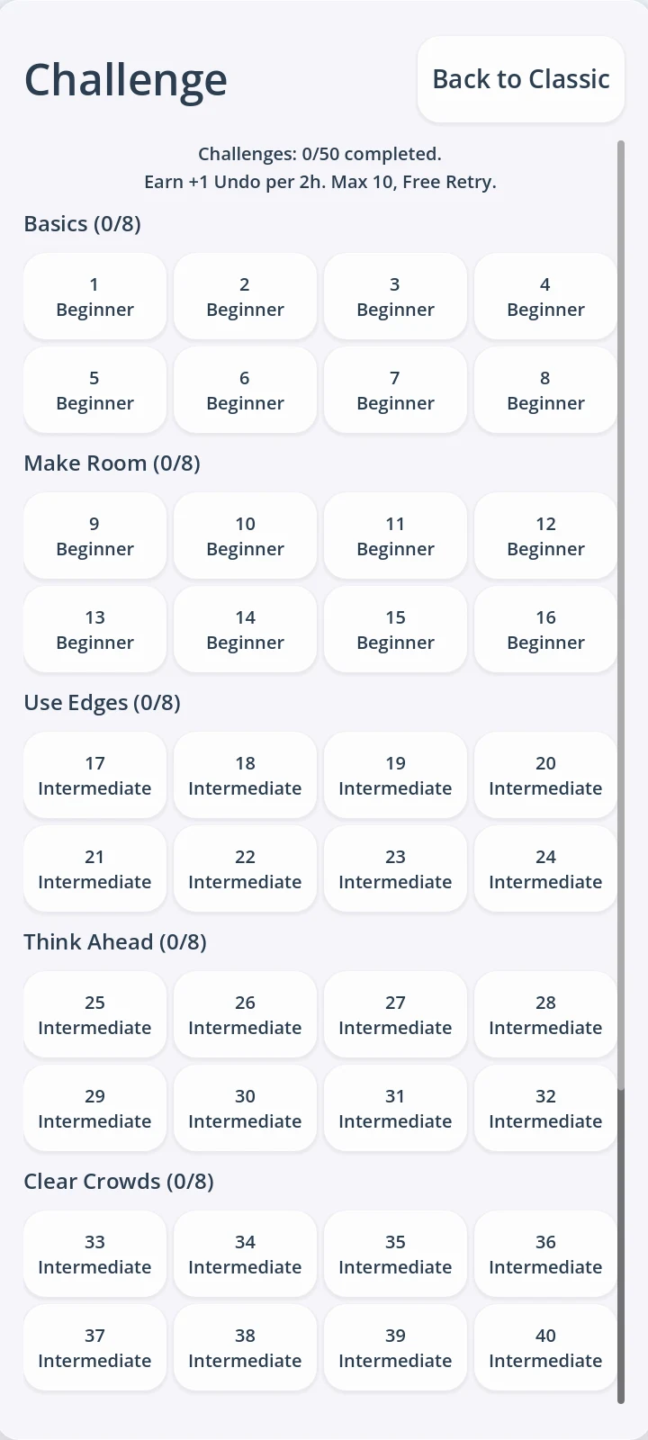 Challenge level list grouped by puzzle skills