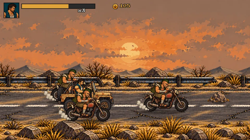 Torvak drives a jeep among raiders on motorbikes, with rocks on the road ahead.