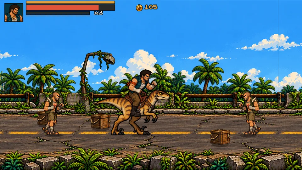 Torvak rides a raptor between raiders on a ruined street with palm trees and wooden crates.