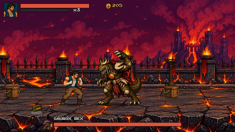 Torvak faces Saurox Rex in front of a volcano fort, with lava across the ground and a boss health bar below.