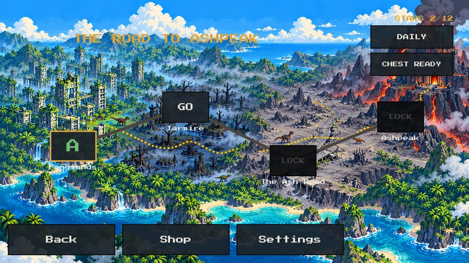 The Cretopia map shows Fanglands, Tarmire, the Ash Road and Ashpeak, with Daily, Chest Ready, Shop and Settings buttons.