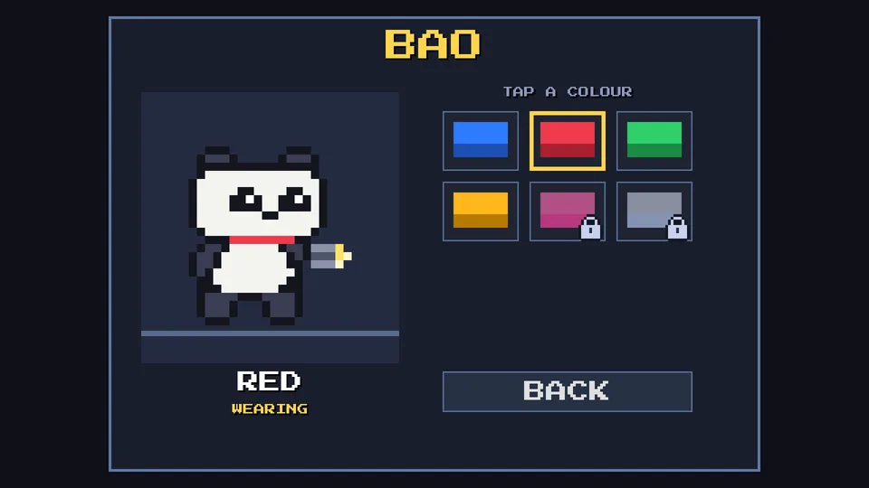 The Bao screen shows Bao with a red scarf and 6 scarf colours, and 2 of the colours are locked.