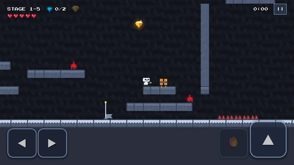 In stage 1-5, Bao the panda stands on a stone ledge near a jetpack, two red crawlers, spikes, a gold gem and a checkpoint flag.