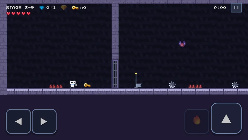 In stage 3-9, Bao the panda stands near a golden key, a locked gate, spike balls and a bat.