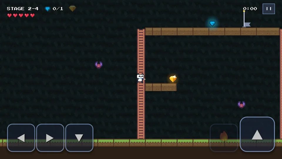 In stage 2-4, Bao the panda climbs a ladder, with two bats, a gold gem and a blue gem near him.