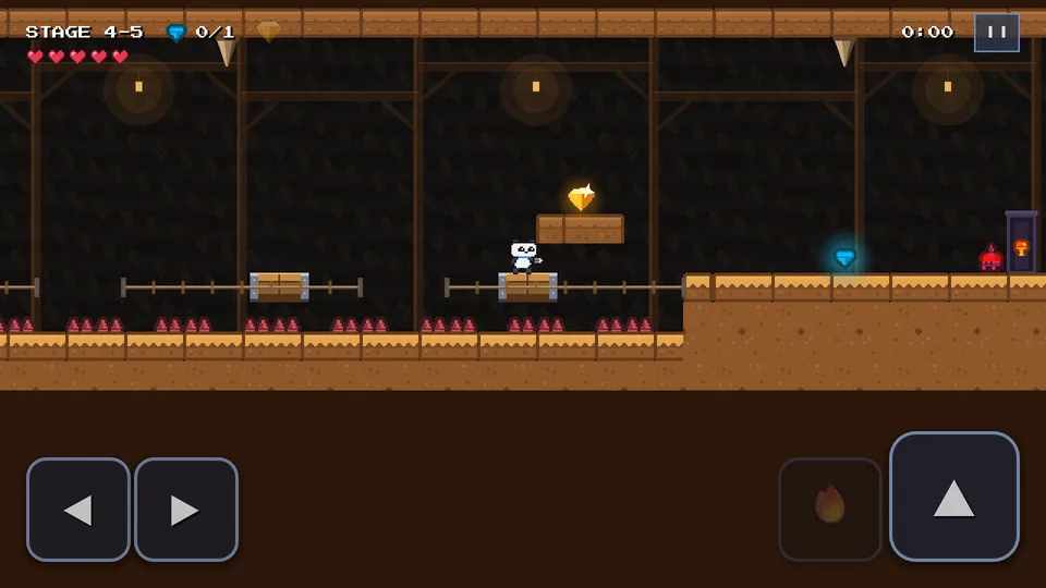 In stage 4-5, Bao the panda stands on a moving platform above spikes, with a gold gem, a blue gem and the exit door near him.