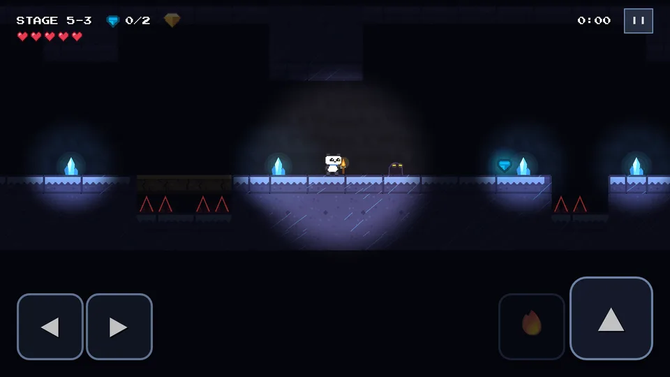 In stage 5-3, Bao the panda holds a torch in a dark cave, and a circle of light shows glow crystals and a shadow bug with yellow eyes.