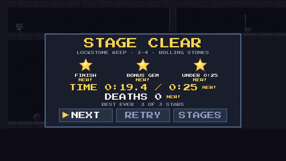 The Stage Clear panel shows 3 stars for the finish, the bonus gem and a time under 0:25.