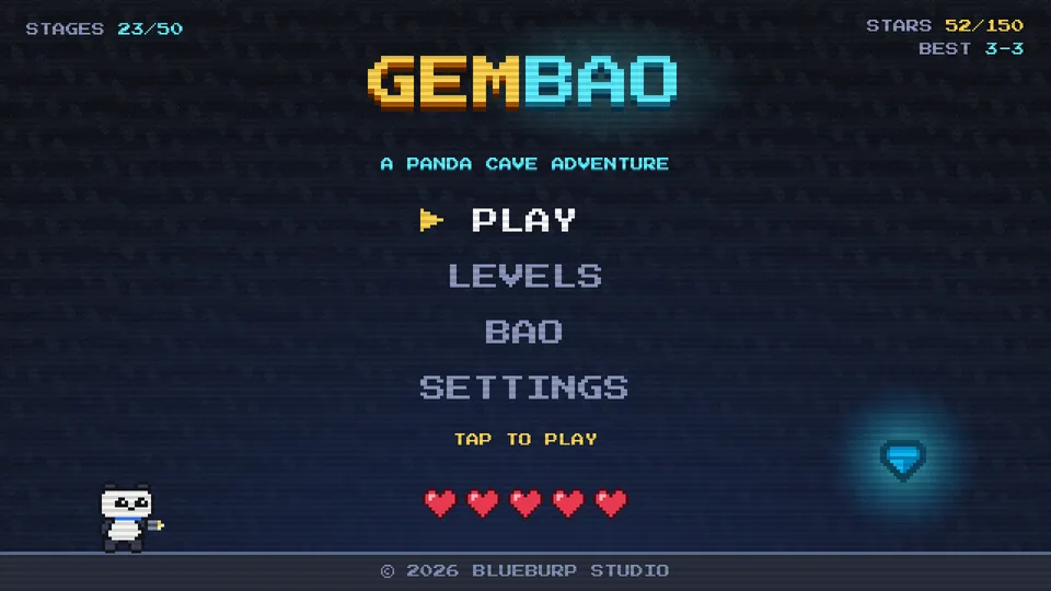 The Gembao title screen shows the game logo, a menu with Play, Levels, Bao and Settings, and 5 hearts.